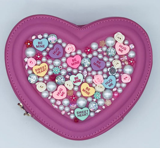Sweetheart Novelty Purse topped with Satin Flowers, Pearls and Jewels
