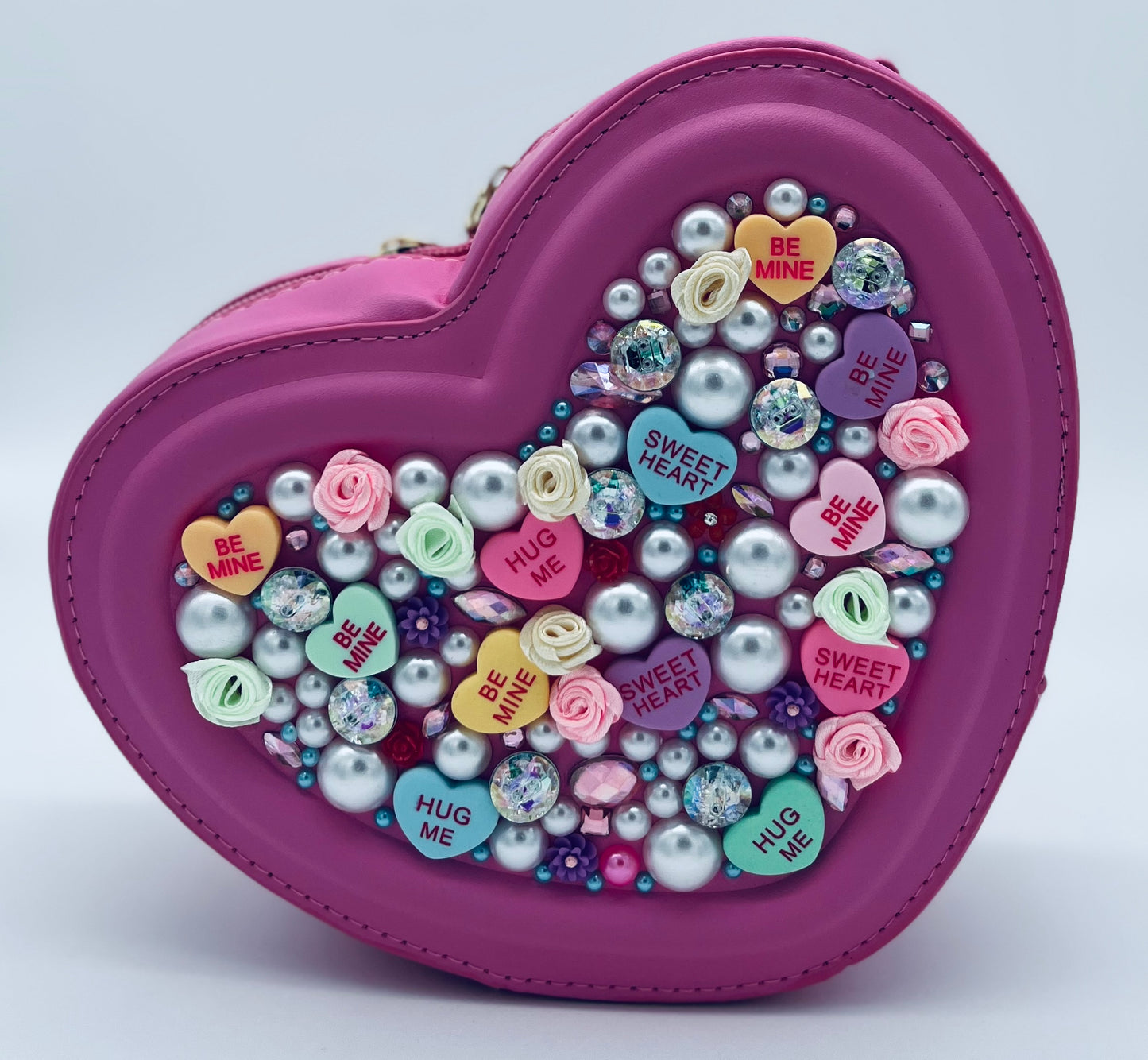 Sweetheart Novelty Purse topped with Satin Flowers, Pearls and Jewels