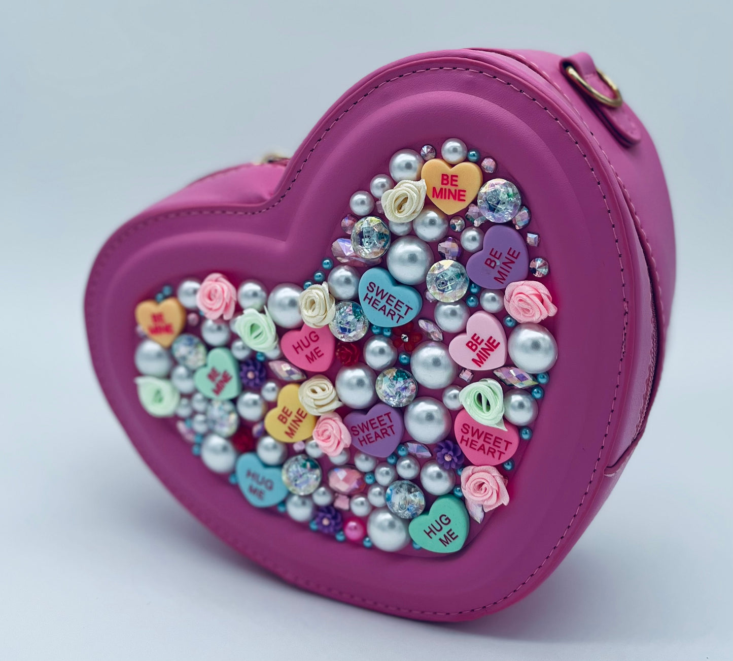 Sweetheart Novelty Purse topped with Satin Flowers, Pearls and Jewels