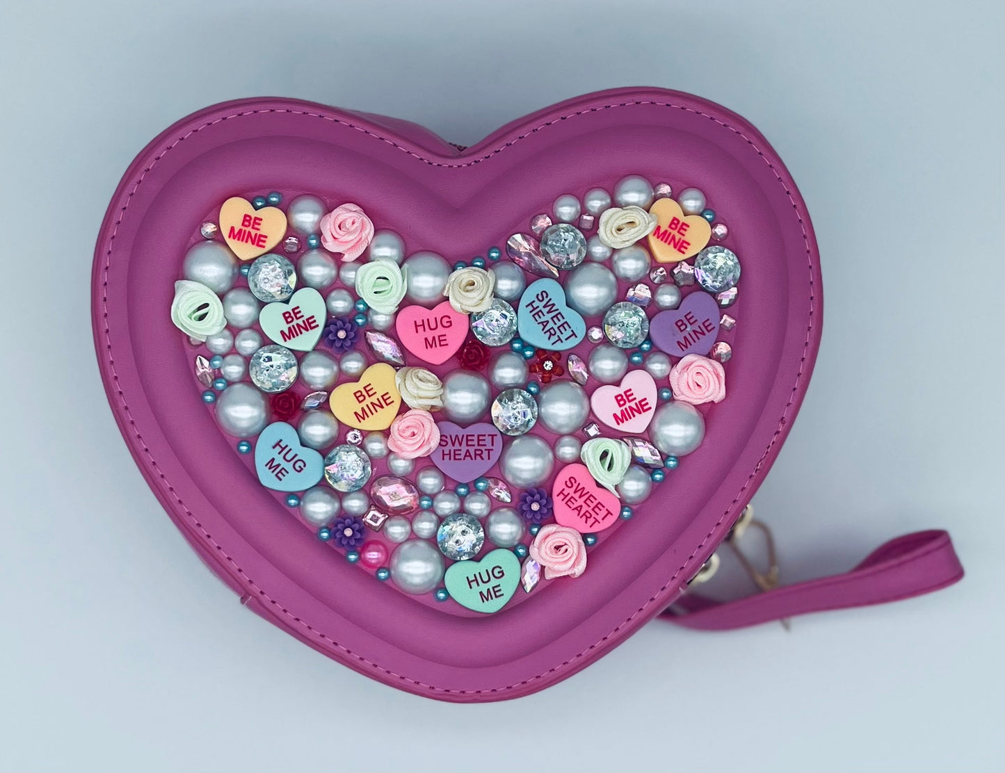 Sweetheart Novelty Purse topped with Satin Flowers, Pearls and Jewels