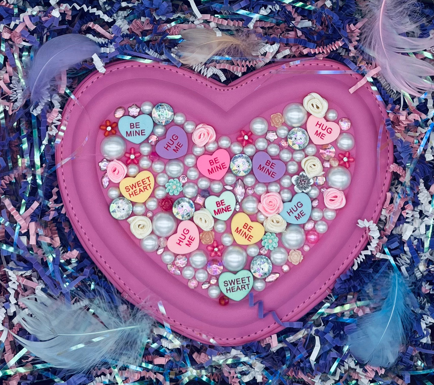 Sweetheart Novelty Purse topped with Satin Flowers, Pearls and Jewels